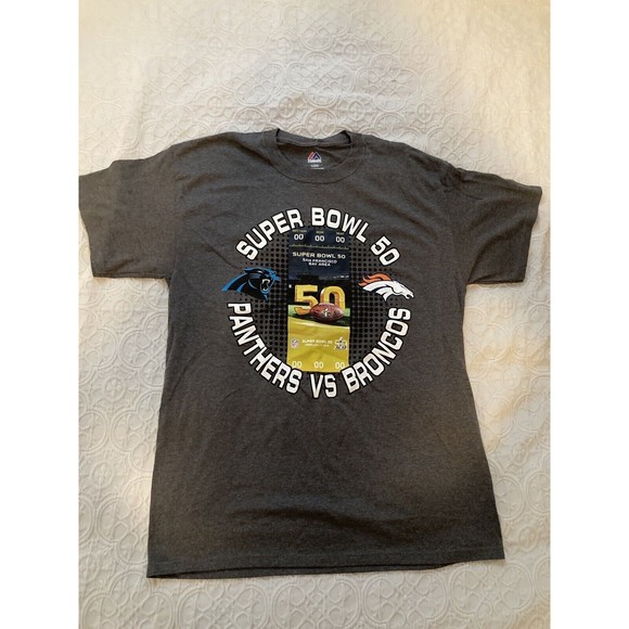 Super Bowl 50 Shirt Carolina Panthers Denver Broncos Gray NWT Size Large - Picture 1 of 7